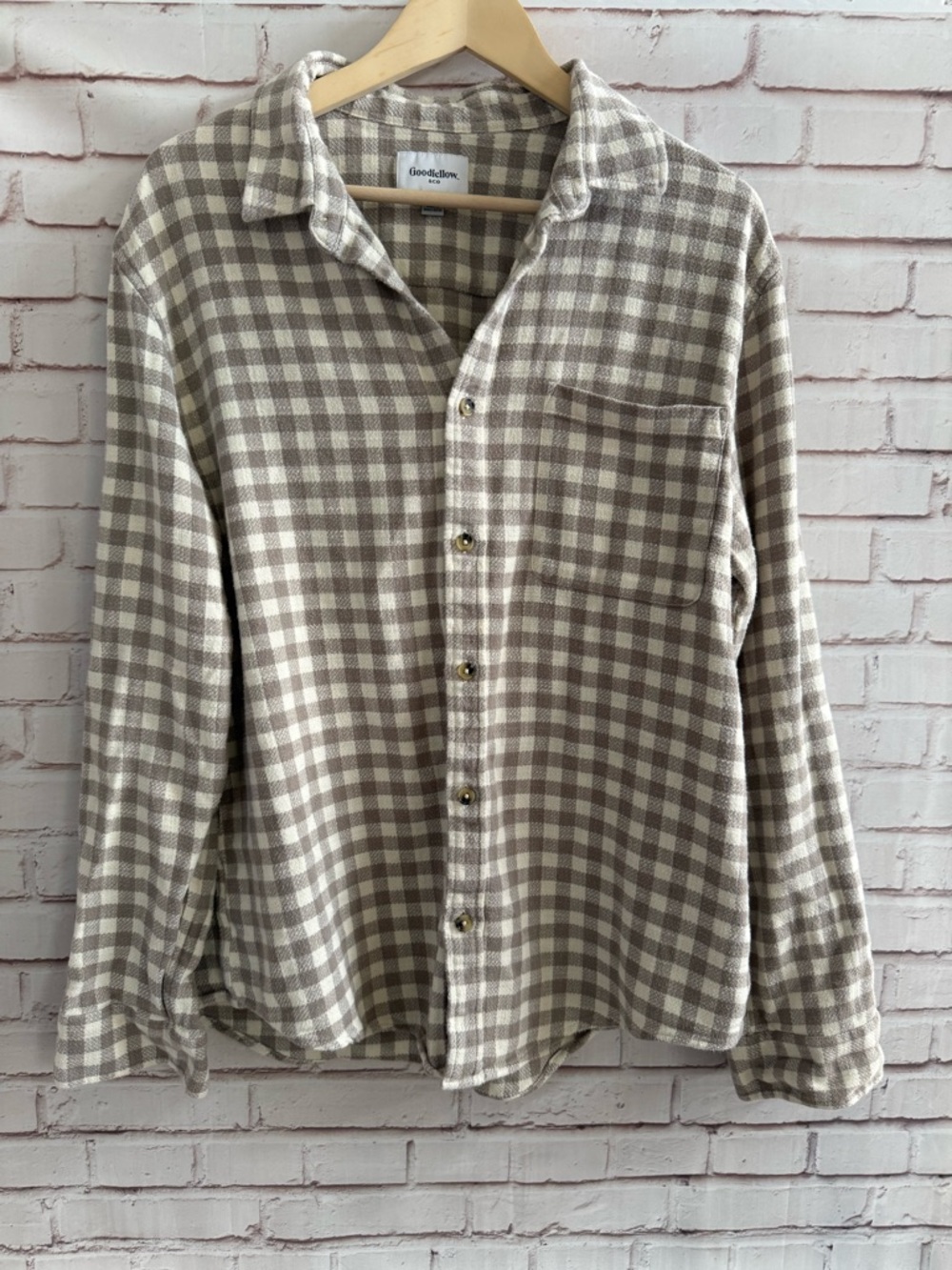 Goodfellow & Co Men's Taupe and Cream Plaid Button-Down Shirt